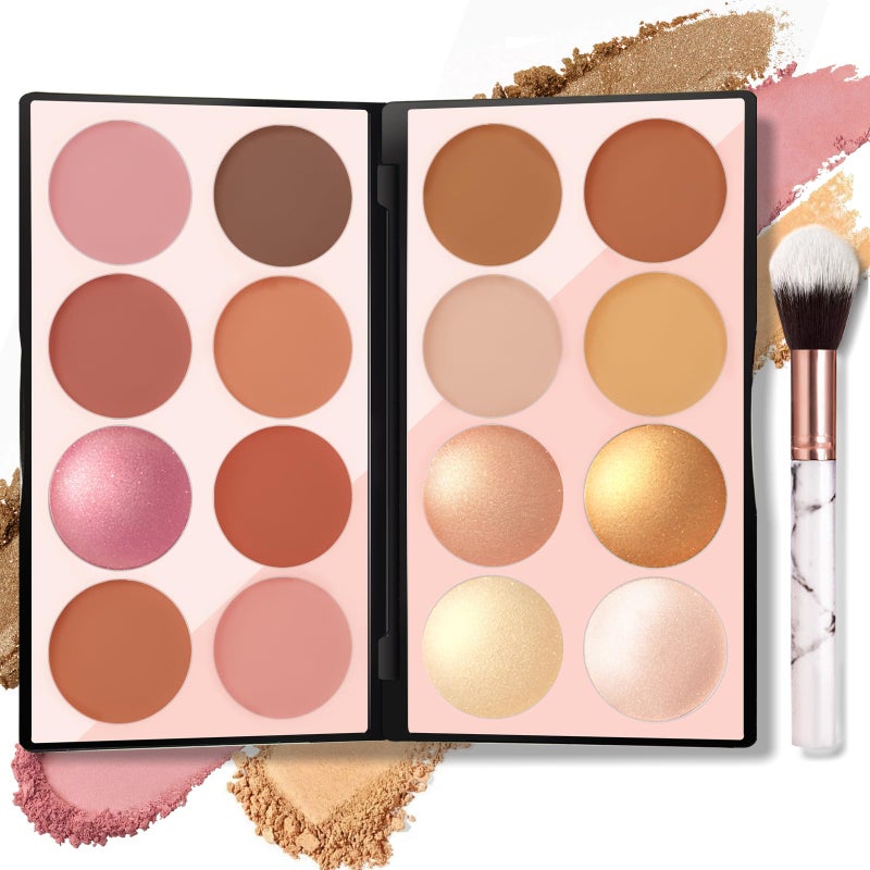 NewBang 16 Colors Blush Contour Highlighter Makeup Palette with Brush, Matte Mineral Face Blush Powder for Cheek, Bright Shimmer Illuminator Bronzer Professional Facial Beauty Makeup Blushes Set - Image 1
