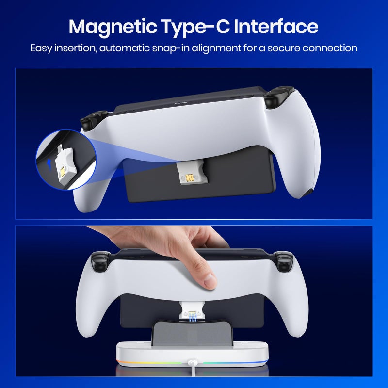 NEWDERY Charger Dock for PS Portal, Portable Charging Station with RGB Light and Type-C Cable, Case-Friendly Magnetic Connector Charging Stand for PlayStation Portal Remote Player - Image 3