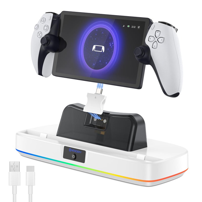 NEWDERY Charger Dock for PS Portal, Portable Charging Station with RGB Light and Type-C Cable, Case-Friendly Magnetic Connector Charging Stand for PlayStation Portal Remote Player - Image 1