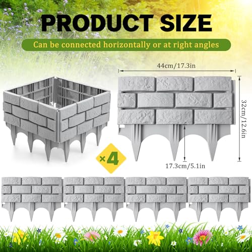Landical 4 Pcs Imitation Stone Garden Fence Faux Stone Retaining Wall Look Garden Bricks Border with Ground Stakes 173 x 126 in Gray Plastic Edging Blocks for Flower Beds Lawn Mulch Gray - Image 3