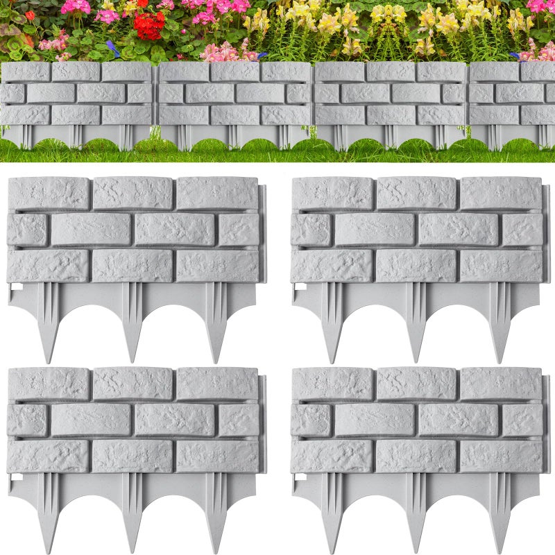 Landical 4 Pcs Imitation Stone Garden Fence Faux Stone Retaining Wall Look Garden Bricks Border with Ground Stakes 173 x 126 in Gray Plastic Edging Blocks for Flower Beds Lawn Mulch Gray - Image 2