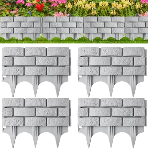 Landical 4 Pcs Imitation Stone Garden Fence Faux Stone Retaining Wall Look Garden Bricks Border with Ground Stakes 173 x 126 in Gray Plastic Edging Blocks for Flower Beds Lawn Mulch Gray - Image 1