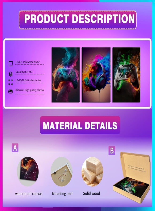 BGFCE Gaming Room Decor Wall Art, Video Theme Canvas Posters for Teen Boys Room Framed 12x16in Set of 3 - Image 3