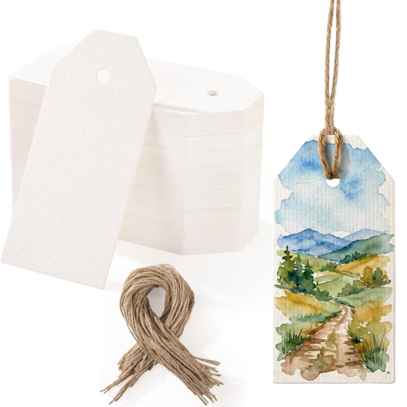 Prudiut 120 Pcs Watercolor Gift Tags with String, Blank Paper Tags, 3.75 x 1.75 in - Image 1