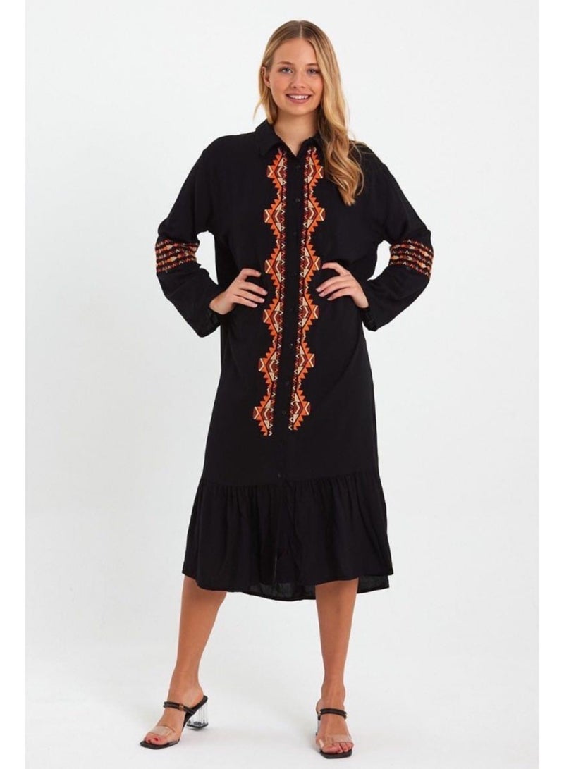 Viscose below knee dress with embroidery , Black  - Image 2
