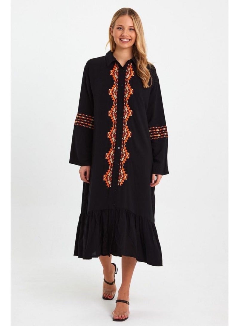 Viscose below knee dress with embroidery , Black  - Image 1