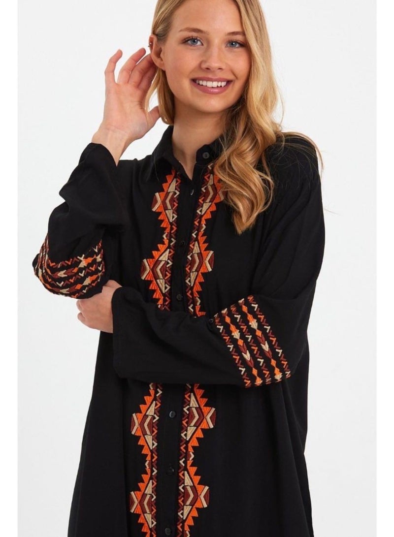 Viscose below knee dress with embroidery , Black  - Image 3