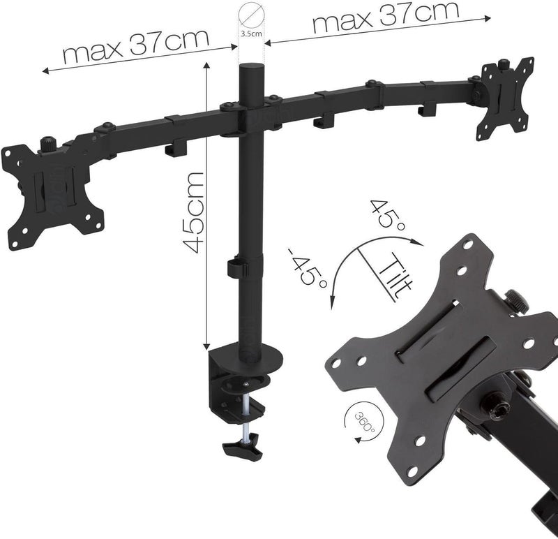 Dihl Dual Monitor Desk Stand, Twin Monitor Mount Clamp for 13 to 27 Inch Screens, Height Adjustable Arms, Tilts 90°, Swivels 180°, Rotates 360°, VESA 75 or 100mm, Black - Image 5