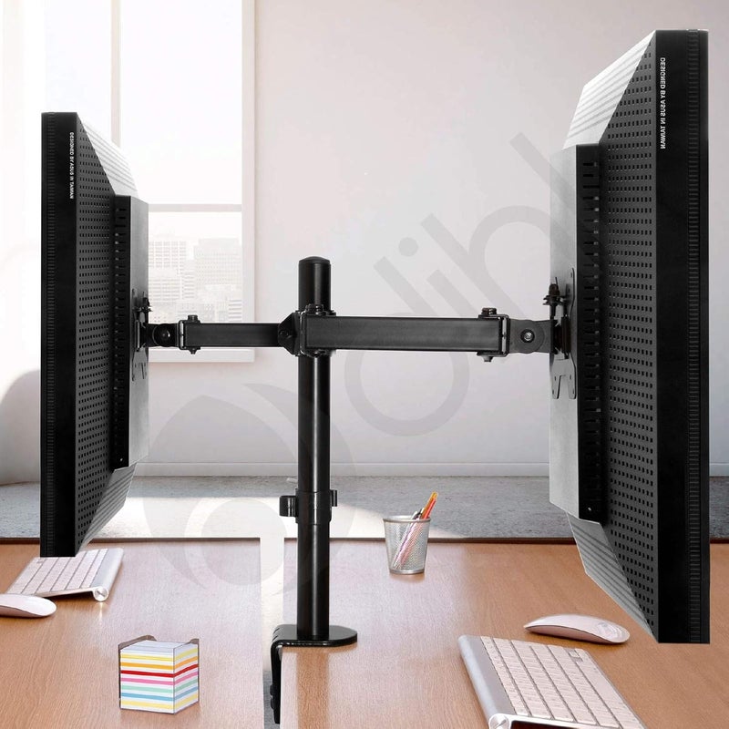 Dihl Dual Monitor Desk Stand, Twin Monitor Mount Clamp for 13 to 27 Inch Screens, Height Adjustable Arms, Tilts 90°, Swivels 180°, Rotates 360°, VESA 75 or 100mm, Black - Image 2