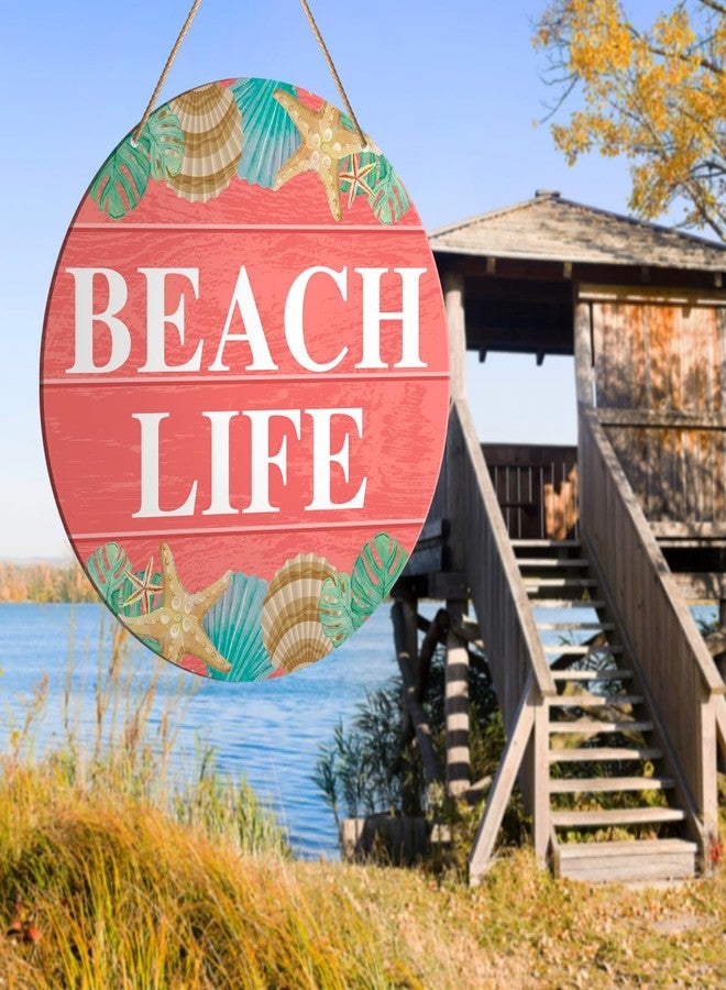 Muktoujaumai Beach House Sign Wall Decor, Summer Beach Hanging Sign Decor Farmhouse Wall Decorations Seashell Wood Sign for Front Door, Patio, Porch, Bathroom, Housewarming Gift for Beach House Home, Beach Life - Image 5