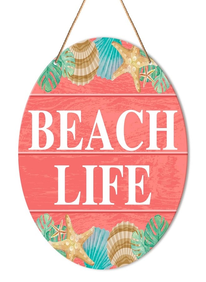 Muktoujaumai Beach House Sign Wall Decor, Summer Beach Hanging Sign Decor Farmhouse Wall Decorations Seashell Wood Sign for Front Door, Patio, Porch, Bathroom, Housewarming Gift for Beach House Home, Beach Life - Image 1