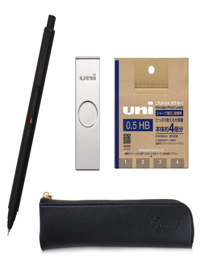 QULLITY Kuru Toga Metal 0.5mm Nocturne Black, Uni Metal Case + Uni Refill 0.5mm HB, Black slim pen case - Image 1