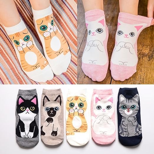 WKLOUYHE 5 Pairs Cute Multicolor Cat Cartoon Patterned Women's Booties Socks_Free Size,Pack Of 05 - Image 4