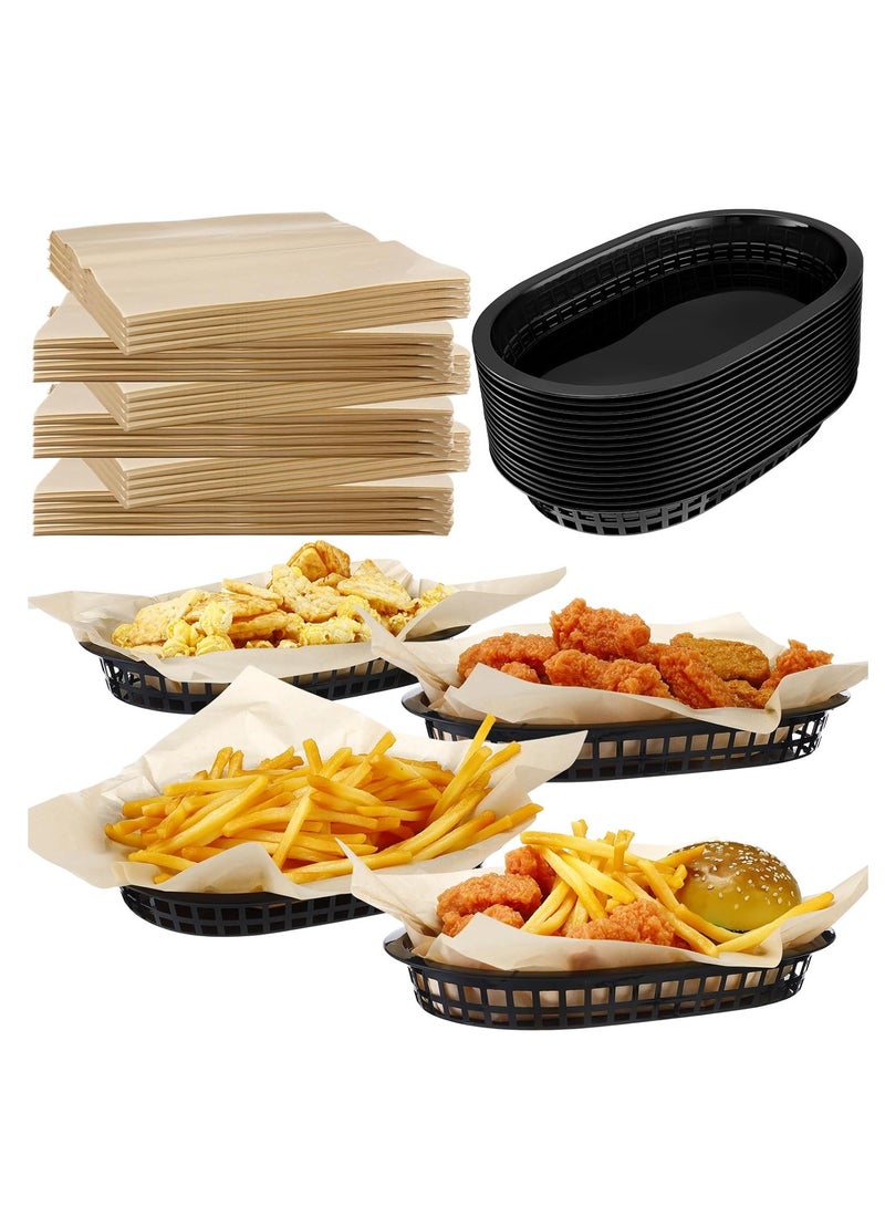 10Pcs Black Fast Food Baskets, with 200 Deli Liners, Classic Deli Baskets, 10.6 x 7.1 Inch Deli Baskets, with Disposable Deli Paper Squares, Dry Waxed Deli Paper for Easy Cleanup Burgers Frie Barbecue - Image 1