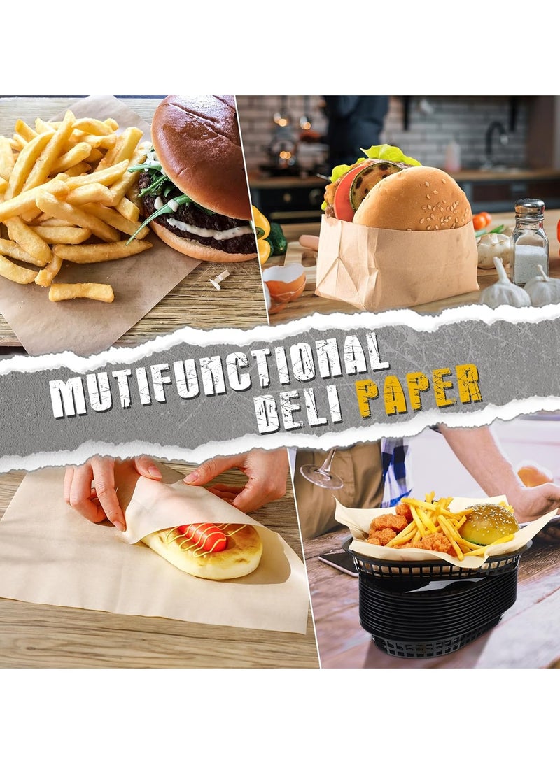 10Pcs Black Fast Food Baskets, with 200 Deli Liners, Classic Deli Baskets, 10.6 x 7.1 Inch Deli Baskets, with Disposable Deli Paper Squares, Dry Waxed Deli Paper for Easy Cleanup Burgers Frie Barbecue - Image 4