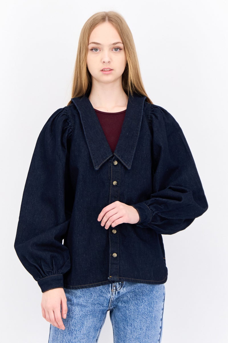 Envii قميص جينز نسائي بأكمام طويلة وياقة مدببة، لون كحلي - Image 1