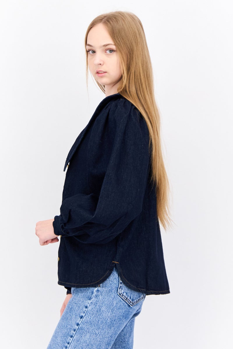Envii Women Pointed Collar Long Sleeve Plain Denim Shirt, Navy - Image 2