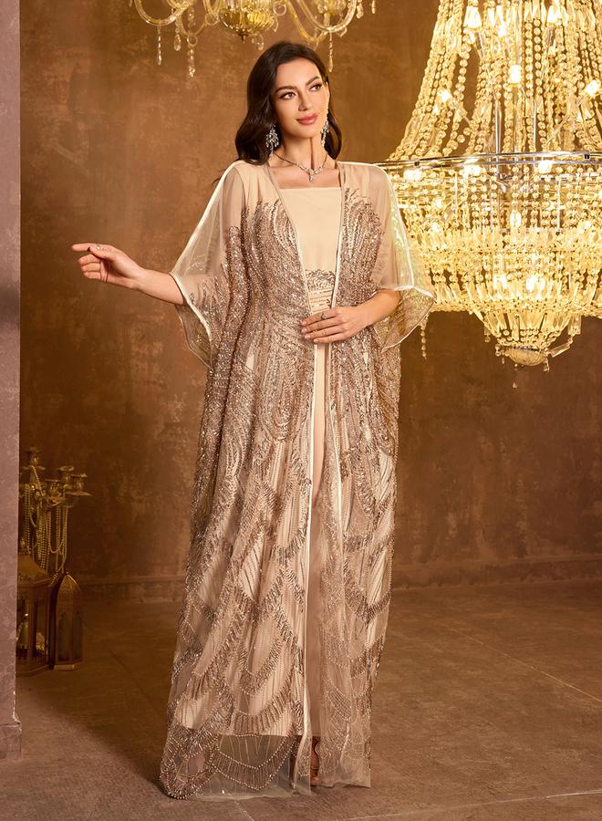 SUPGIR Beige Embellished Kimono with Inner Dress Co-Ords - Image 1