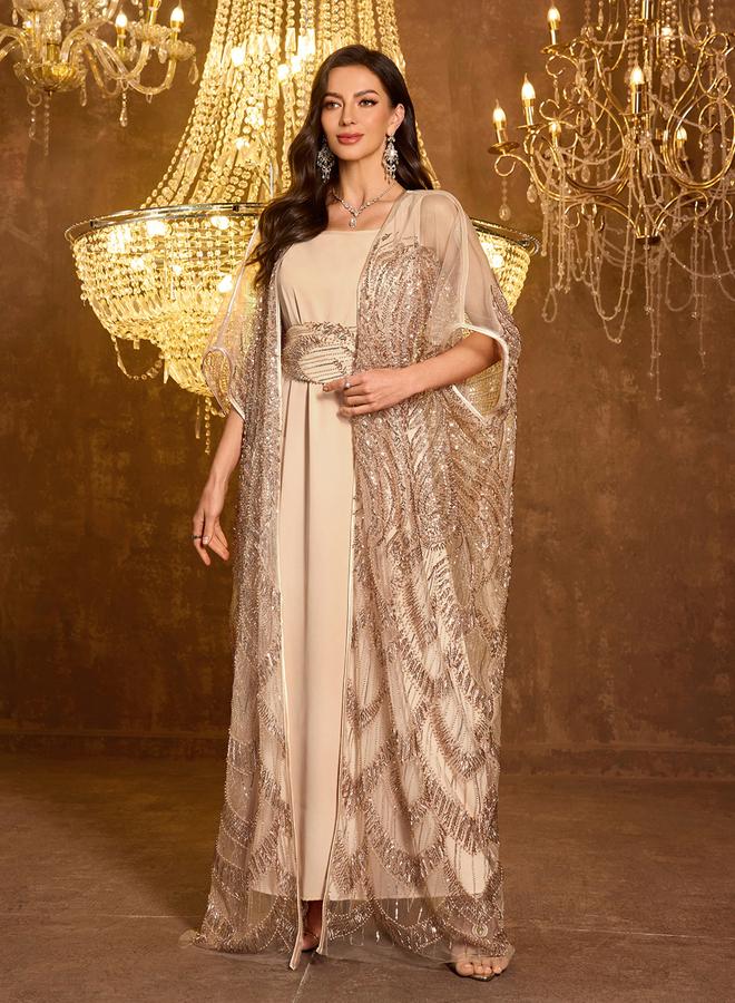 SUPGIR Beige Embellished Kimono with Inner Dress Co-Ords - Image 5