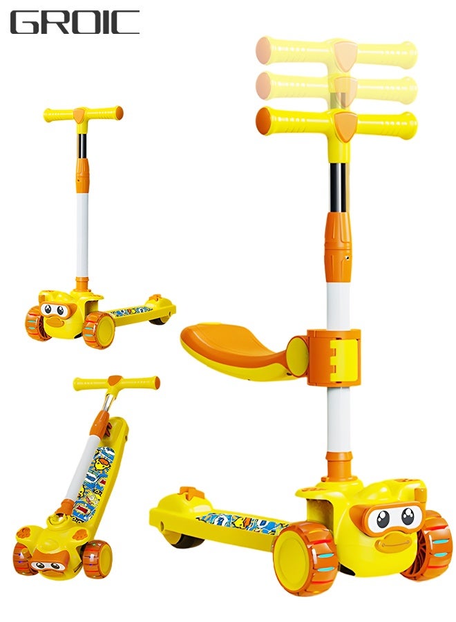 GROIC سكوتر أطفال قابل للطي 2 في 1 مع موسيقى وضوء، عجلات متلألئة، مقعد ومقود قابلين للتعديل، منصة عريضة غير قابلة للانزلاق، سكوتر ثلاثي العجلات للأولاد والبنات - Image 1