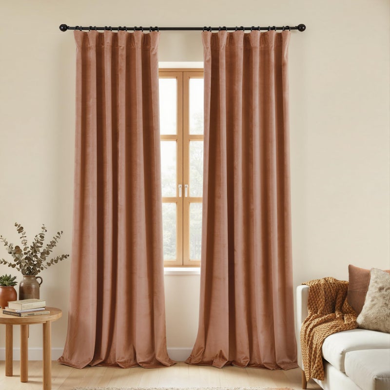 KOUFALL ستائر مخملية من كوفول، طول 52 × 84 بوصة، لون قرفة فاتح، مزودة بحلقات خلفية - Image 1