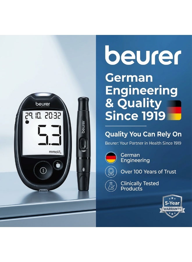 Beurer GL 44 - جهاز مراقبة سكر الدم | مقياس جلوكوز سهل الاستخدام مع شاشة XXL | مساعد وخز ناعم وآمن وقدرة على نقل البيانات | أسود | مساعد وخز - Image 4
