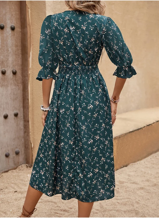 تايك تو Take Two Floral Print Puff Sleeve Ruffle Hem Midi Dress