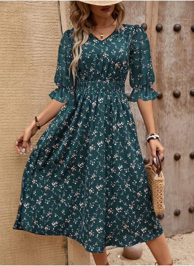 تايك تو Take Two Floral Print Puff Sleeve Ruffle Hem Midi Dress
