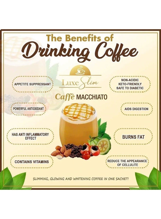 Luxe Slim Caffe Macchiato Coffee, 10 Sachets | Low-Calorie Slimming Coffee with Collagen & Glutathione | Appetite Suppressant & Antioxidant | 21g per Sachet - Image 2