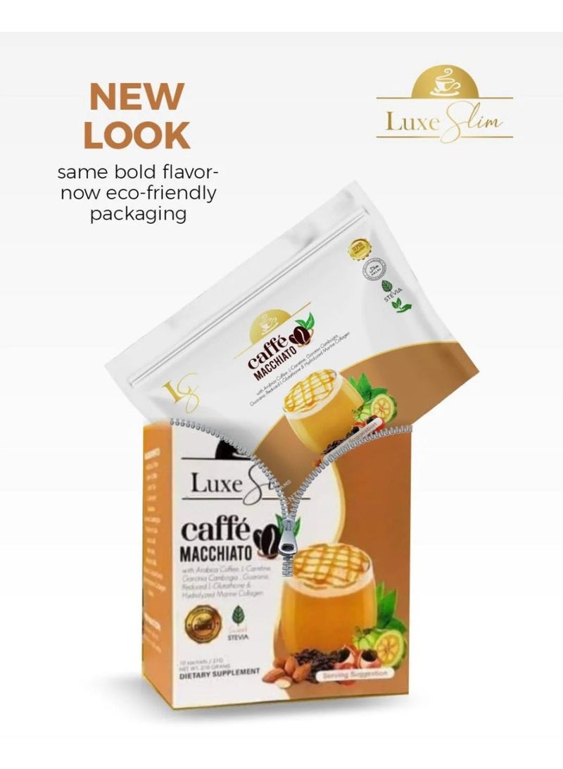 Luxe Slim Caffe Macchiato Coffee, 10 Sachets | Low-Calorie Slimming Coffee with Collagen & Glutathione | Appetite Suppressant & Antioxidant | 21g per Sachet - Image 1