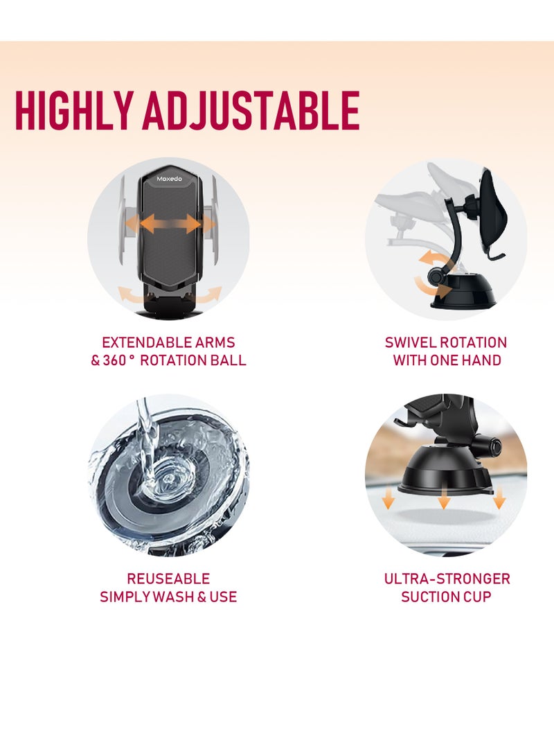 Moxedo حامل هاتف مكسيدو للسيارة للوحة القيادة والزجاج الأمامي دوران 360° أذرع جانبية قابلة للتمديد قفل وإفراج بلمسة واحدة متوافق مع جميع الهواتف الذكية - Image 3
