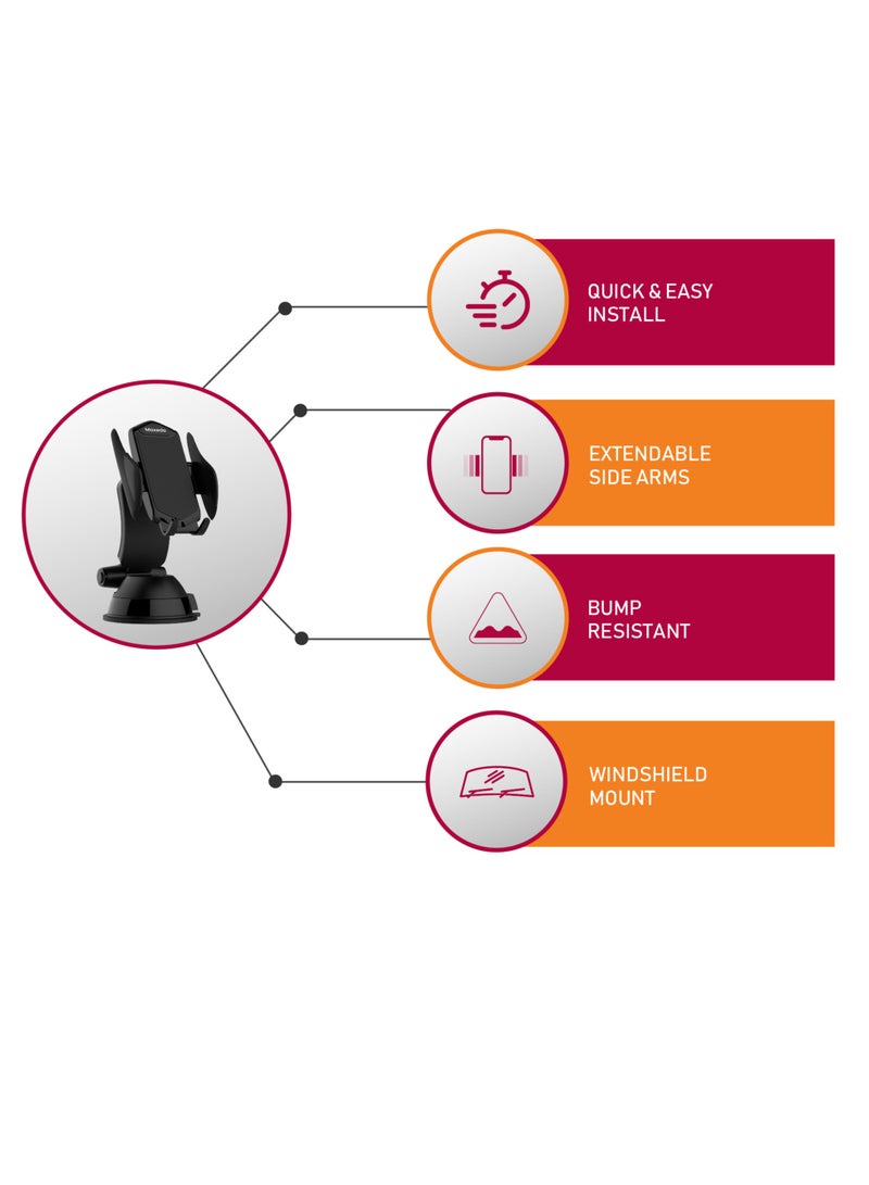 Moxedo حامل هاتف مكسيدو للسيارة للوحة القيادة والزجاج الأمامي دوران 360° أذرع جانبية قابلة للتمديد قفل وإفراج بلمسة واحدة متوافق مع جميع الهواتف الذكية - Image 4