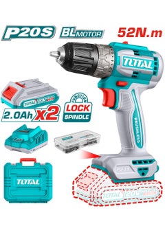 TOTAL Total Lithium-ion Brushless Cordless Drill 20V - 52Nm Torque, 2-Speed Gear, 47-Piece Accessory Kit, 2 x 2.0Ah Batteries, LED Work Light, Plastic Chuck, and Carrying Case  - Image 1