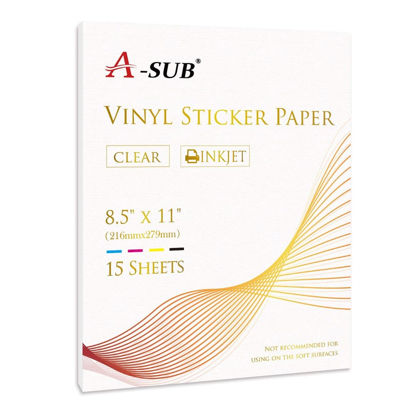 A-SUB Clear Sticker Paper for Inkjet Printers - Waterproof Translucent Printable Vinyl Sticker Paper - 15 Sheets 8.5x11 Inch Glossy Clear Label Paper for Custom Decals - Image 1