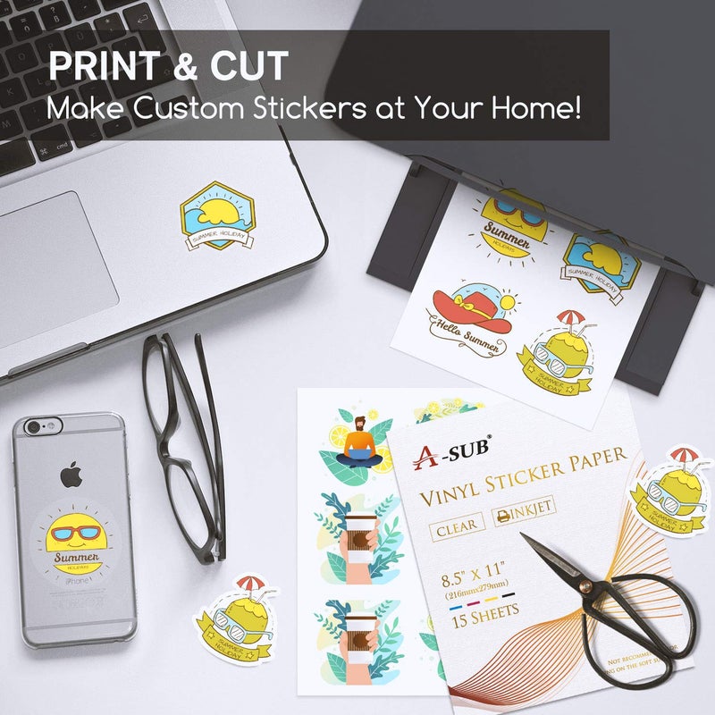 A-SUB Clear Sticker Paper for Inkjet Printers - Waterproof Translucent Printable Vinyl Sticker Paper - 15 Sheets 8.5x11 Inch Glossy Clear Label Paper for Custom Decals - Image 5