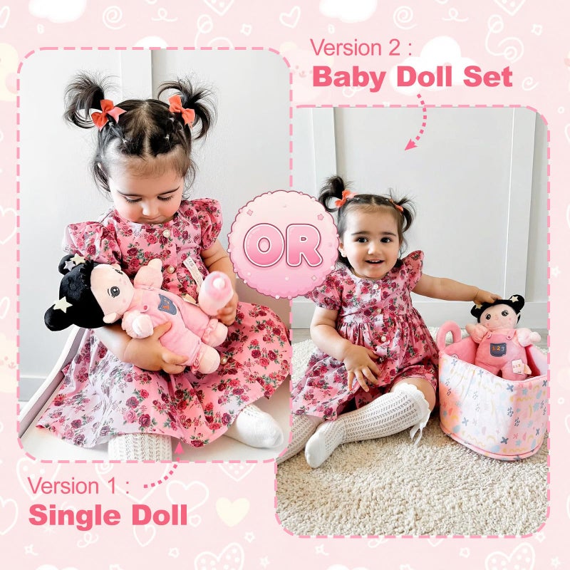 OUOZZZ Soft Baby Doll 10" - Asian Doll First Birthday Toys for 1 Year Old Girl, Ideal 1 Year Old Girl Gifts & Baby Girl Gifts, Snuggle Buddy for Infants Pink Straps Black Hair - Image 5