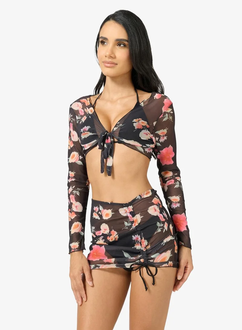 Ginger 4 PC Floral Bikini with Cover Up Top & Skirt Set