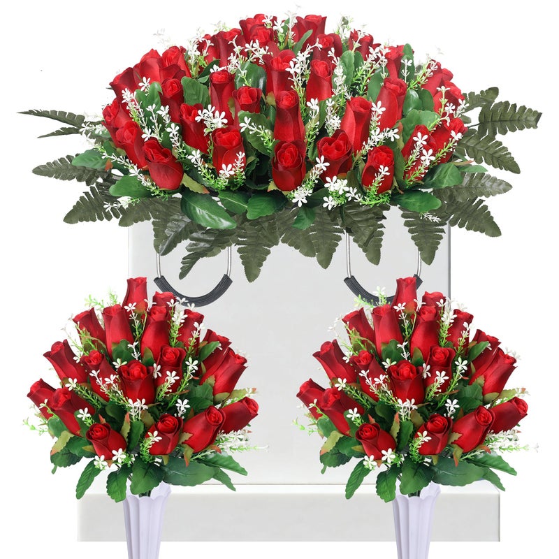 IDMOP 3 Sets Artificial Cemetery Flowers for Grave,Headstone Flower Saddle with 2 Memorial Rose Bouquets with Vases for Grave Tombstone Decorations (Red) - Image 1