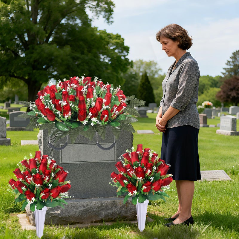 IDMOP 3 Sets Artificial Cemetery Flowers for Grave,Headstone Flower Saddle with 2 Memorial Rose Bouquets with Vases for Grave Tombstone Decorations (Red) - Image 5