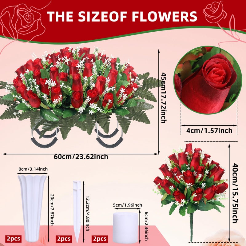 IDMOP 3 Sets Artificial Cemetery Flowers for Grave,Headstone Flower Saddle with 2 Memorial Rose Bouquets with Vases for Grave Tombstone Decorations (Red) - Image 3