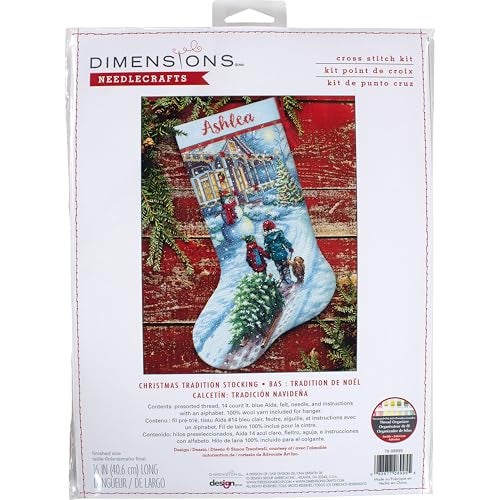 Dimensions 70-08995 Holiday Tradition DIY Personalizable Christmas Cross Stitch Stocking Kit, 16" L, 14 Count Light Blue Aida, Various - Image 1
