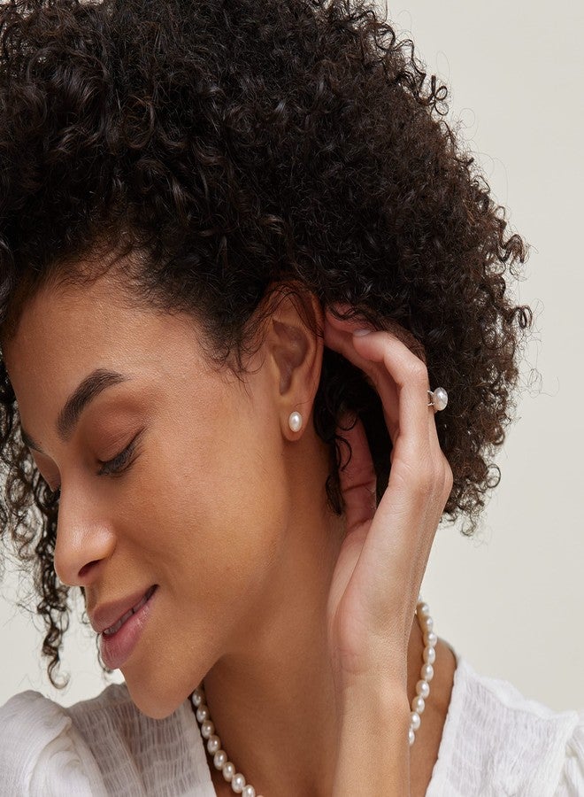 THE PEARL SOURCE Round White Freshwater Real Pearl Earrings for Women - 14k Gold Stud Earrings | Hypoallergenic Earrings with Genuine Cultured Pearls, 7.0-7.5mm - Image 2