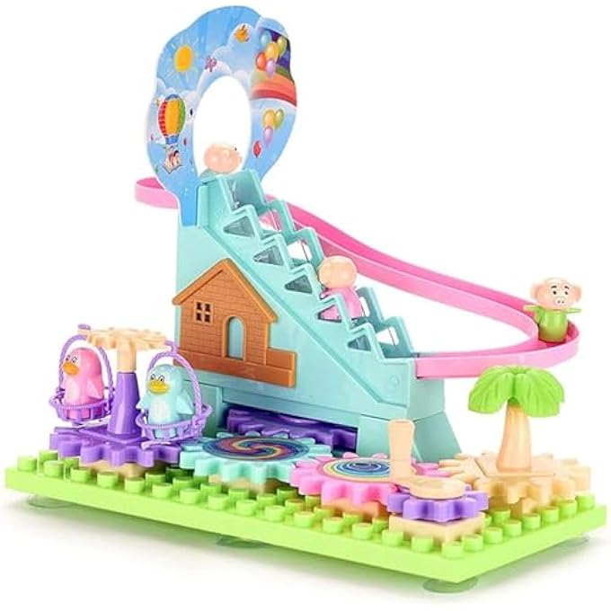 STEM PENGUIN CRANK LADDER ROLLER COASTER BLUE, PINK, BROWN & GREEN TOY, WITH SWING TREE & PINK SLIDE SMALL FIGURE TOY MANUAL ROCKER ARM TOY WHEELS TOY FOR BOYS & GIRLS - Image 1