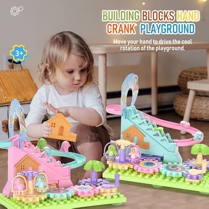 STEM PENGUIN CRANK LADDER ROLLER COASTER BLUE, PINK, BROWN & GREEN TOY, WITH SWING TREE & PINK SLIDE SMALL FIGURE TOY MANUAL ROCKER ARM TOY WHEELS TOY FOR BOYS & GIRLS - Image 5