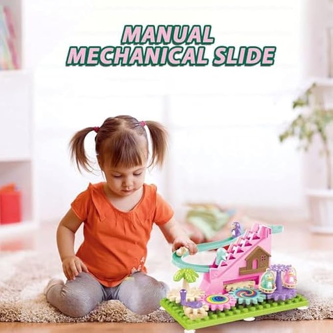 STEM PENGUIN CRANK LADDER ROLLER COASTER BLUE, PINK, BROWN & GREEN TOY, WITH SWING TREE & PINK SLIDE SMALL FIGURE TOY MANUAL ROCKER ARM TOY WHEELS TOY FOR BOYS & GIRLS - Image 3