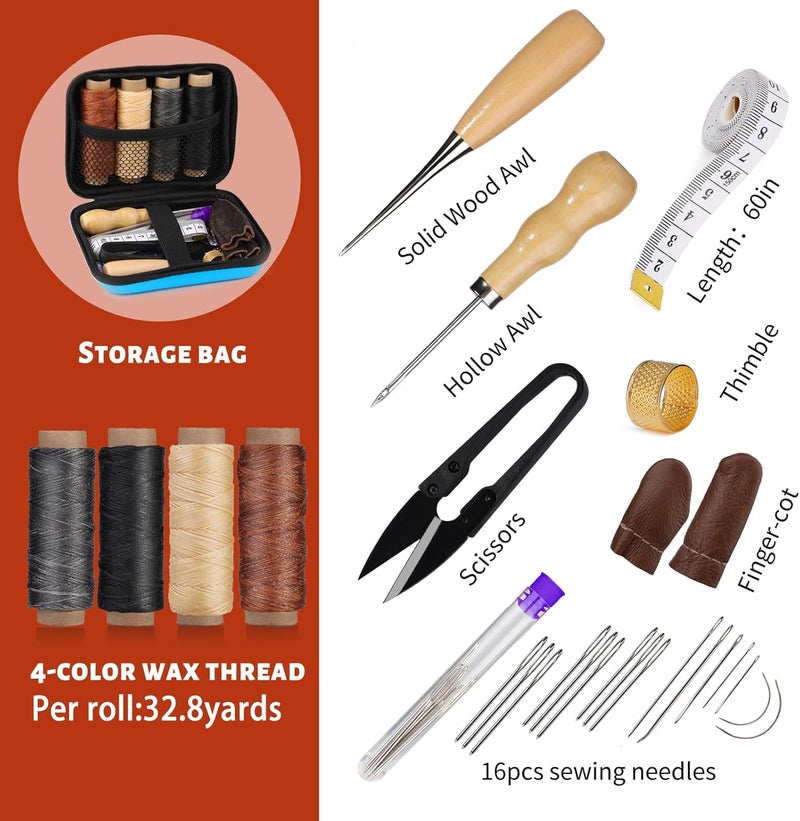 MORFEN Leather Sewing Kit, Leather Stitching Kit with Sewing Awl, Needles, Waxed Thread, Upholstery Repair Kit, Heavy Duty Sewing Tools for Hand Stitching Car Seats, Sofa, Carpets, Shoes, DIY Craft - Image 3