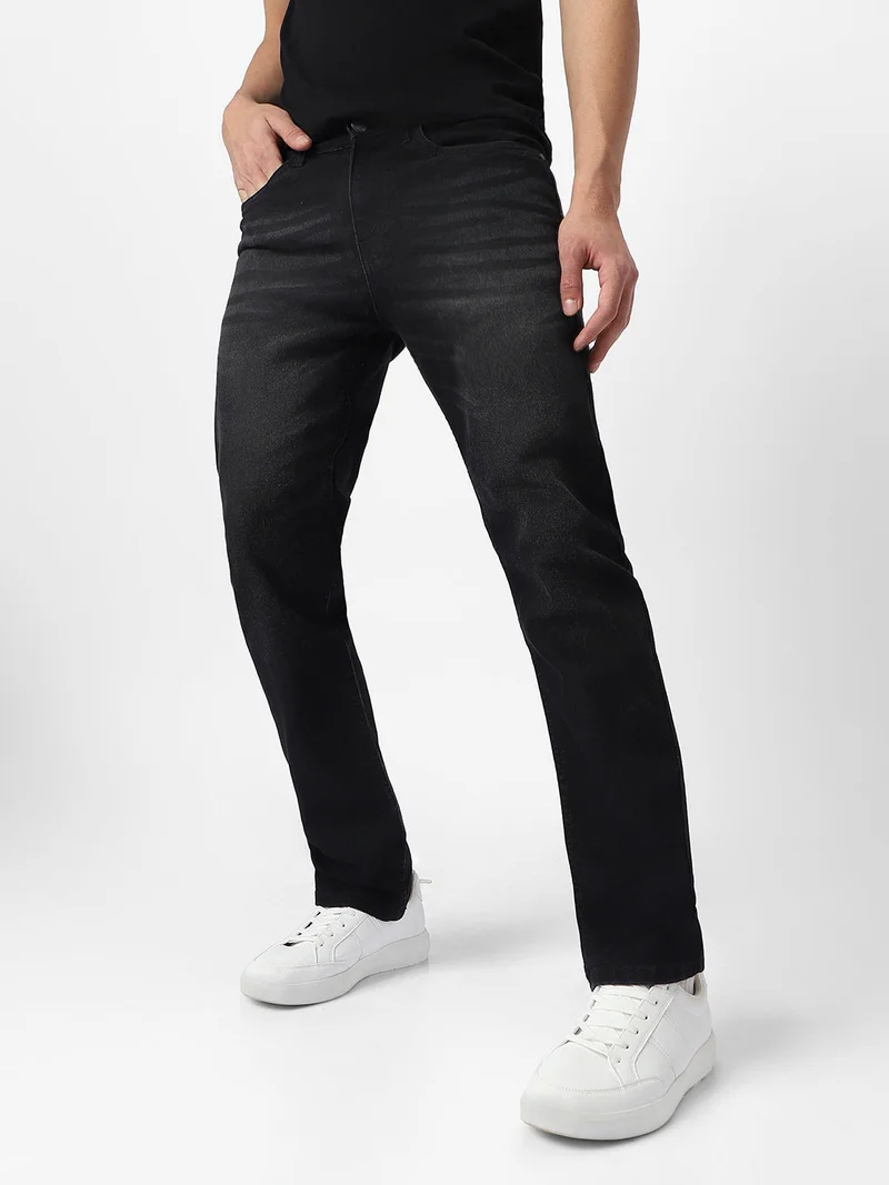 Urbano Fashion  Urbano Fashion Men's Black Regular Fit Washed Jeans Stretchable  | Best Price UAE