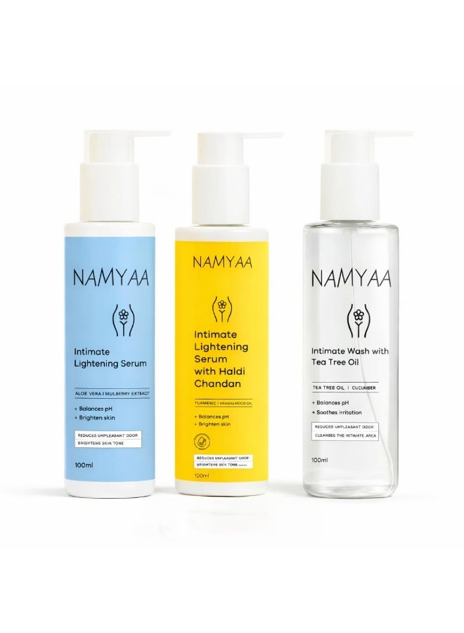 Namyaa Intimate Value Kit 300Ml |Pack Of 3|For Women Intimate Area| Intimate lightening Serum+ lightening Serum with haldi chandan+ Intimate wash (100ml each) - Image 1