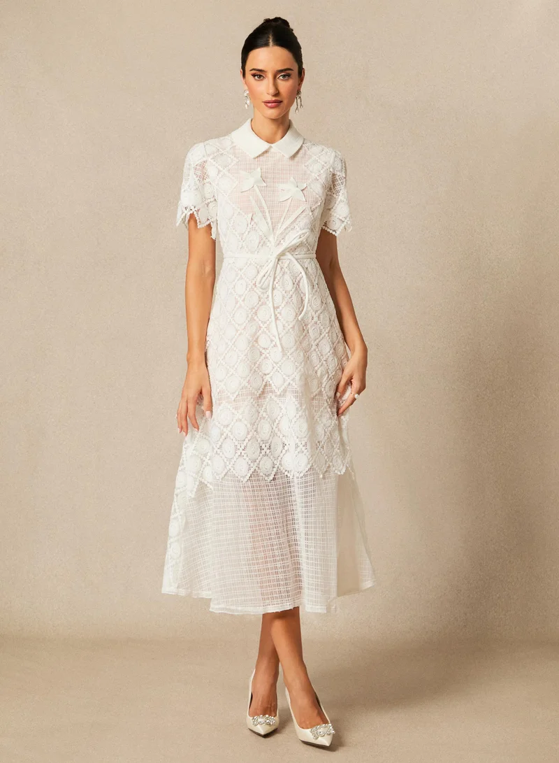 Sunfere Grace Lace Embroidered Short Sleeve Midi Dress