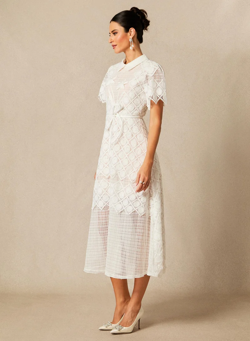 Sunfere Grace Lace Embroidered Short Sleeve Midi Dress